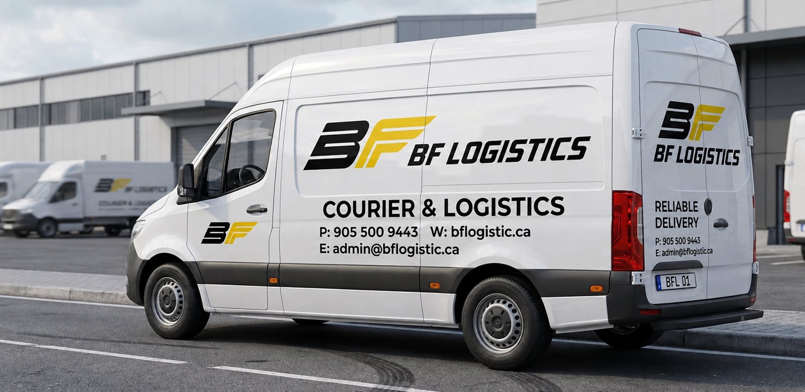 A white BF Logistics Sprinter van in black and yellow livery, parked outside a GTA distribution facility